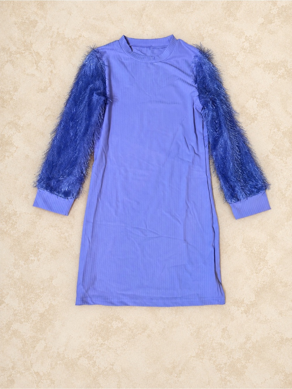 💜 Girls 7Y Lavender Ribbed Fringe Sleeve Dress + Matching Fuzzy Purse 👧🏼🪻